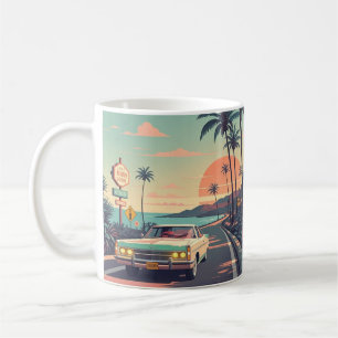 Retro-style vintage car on beach front road coffee mug