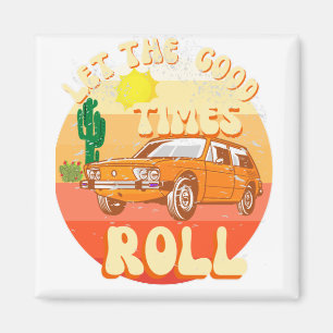 Retro style vintage sunset and classic car magnet