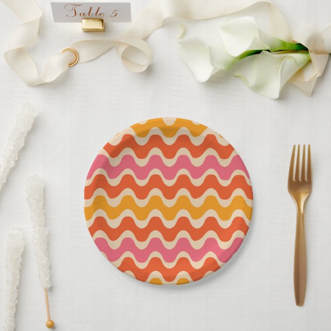 Retro Style Waves Pattern in pink, orange and red Paper Plate (Wedding)