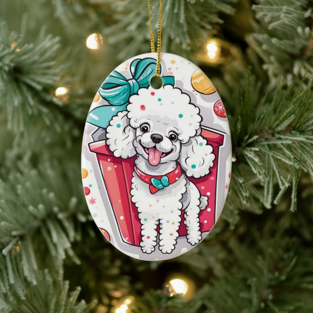 Retro Style White Poodle Christmas Ceramic Ornament (Tree)