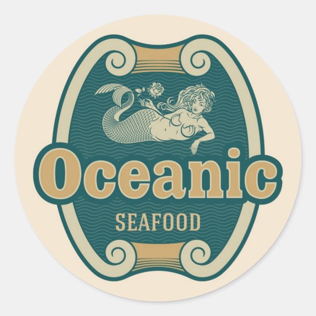 Retro-styled mermaid seafood label (Front)
