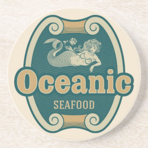 Retro-styled mermaid seafood label coaster