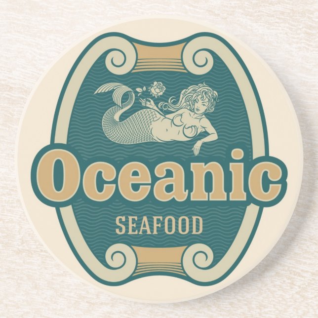 Retro-styled mermaid seafood label coaster (Front)
