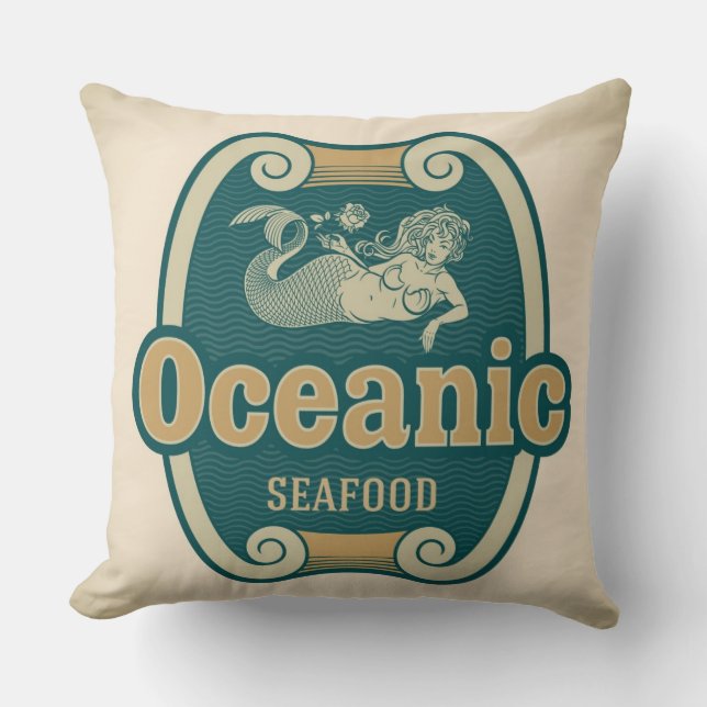 Retro-styled mermaid seafood label cushion (Front)