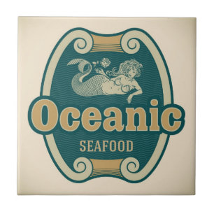 Retro-styled mermaid seafood label tile