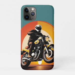 Retro Styled Motorcycle Rider in Scenic Sunset iPhone 11 Pro Case