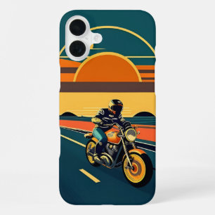 Retro Styled Motorcycle Rider in Scenic Sunset iPhone 16 Plus Case