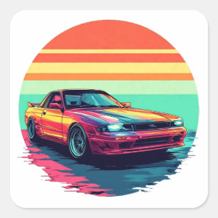 Retro Styled Sports Car with Sunset Background Square Sticker