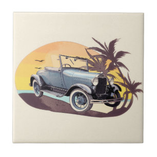 Retro stylised cartoon car automobile Palm Springs Ceramic Tile