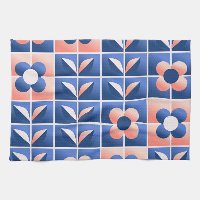 Retro stylised flowers: mosaic pattern. tea towel (Horizontal)