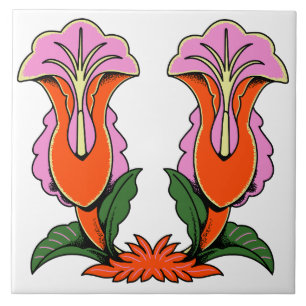 Retro Stylised Lily Flower Botanical Ceramic Tile