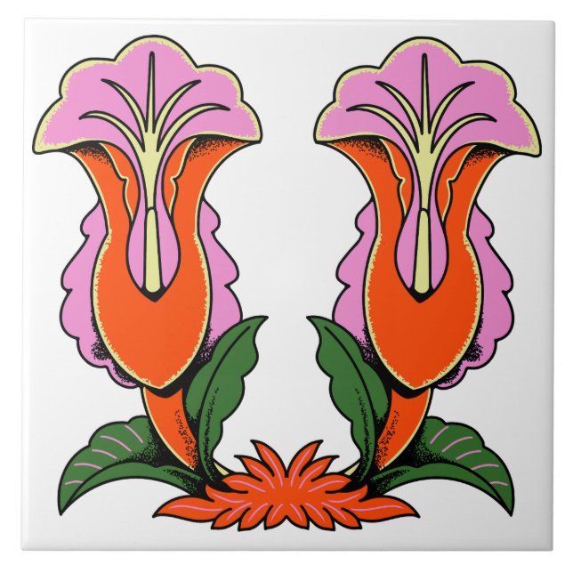 Retro Stylised Lily Flower Botanical Ceramic Tile (Front)