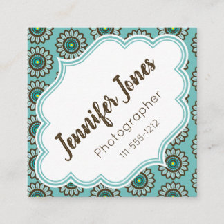 Retro Stylised Teal Flower Square Business Cards