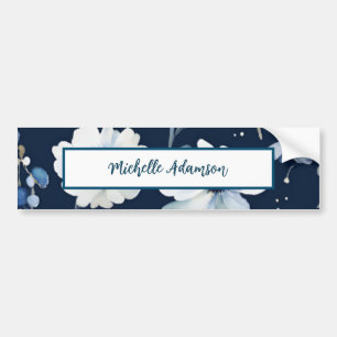 Retro Stylish Elegant Plain Blue White Flowers Bumper Sticker