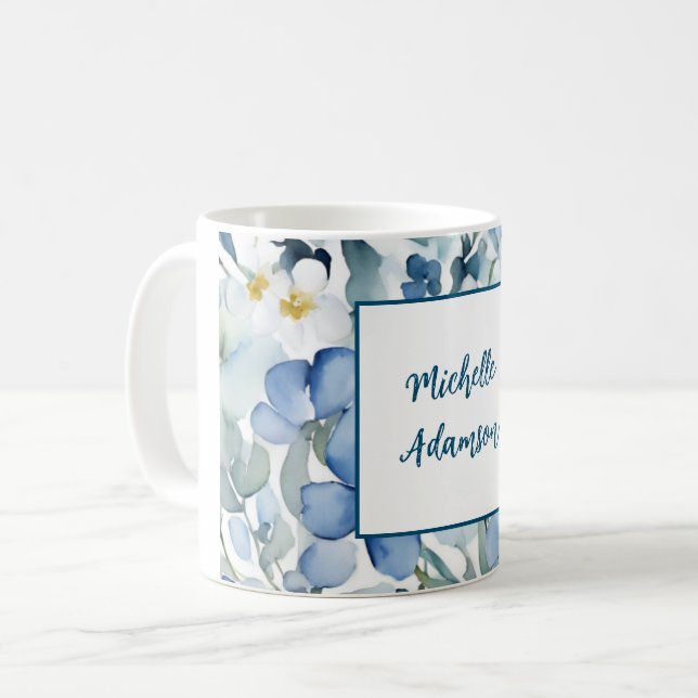 Retro Stylish Elegant Plain Blue White Flowers Coffee Mug (Front Left)