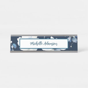 Retro Stylish Elegant Plain Blue White Flowers Desk Name Plate