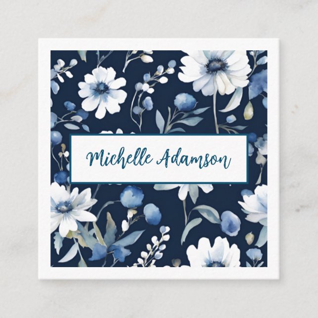Retro Stylish Elegant Plain Blue White Flowers Enclosure Card (Front)