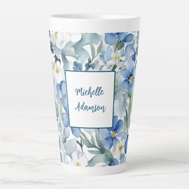 Retro Stylish Elegant Plain Blue White Flowers Latte Mug (Front)