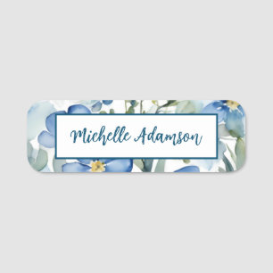 Retro Stylish Elegant Plain Blue White Flowers Name Tag