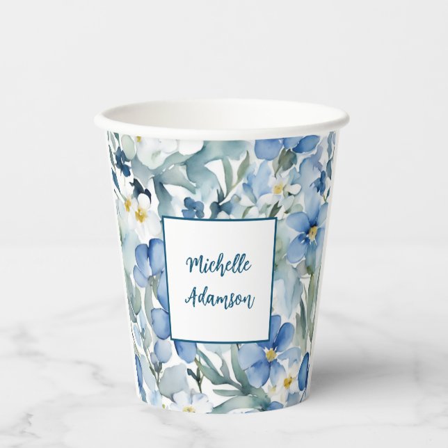 Retro Stylish Elegant Plain Blue White Flowers Paper Cups (Front)