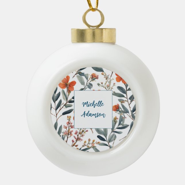 Retro Stylish Elegant Plain Flowers Your Name Ceramic Ball Christmas Ornament (Front)