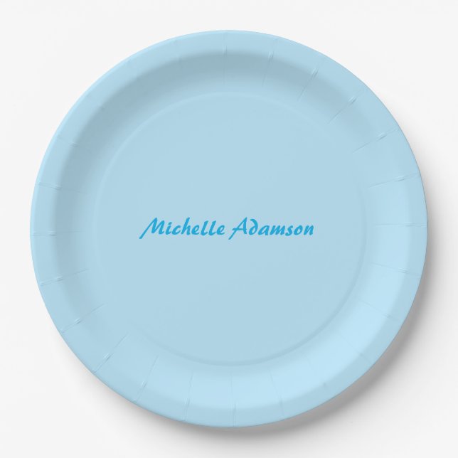 Retro Stylish Elegant Plain Sky Blue White Paper Plate (Front)