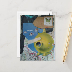Retro Submarine Fish and Moth Collage Postcard