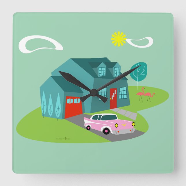 Retro Suburban House Acrylic Wall Clock (Front)