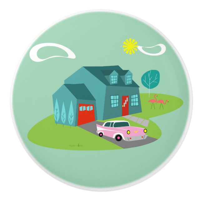 Retro Suburban House Ceramic Pull (Front)