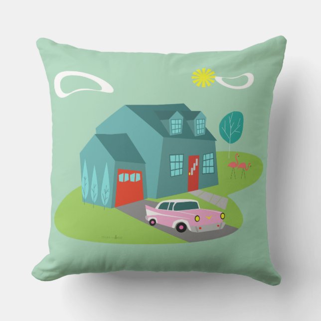 Retro Suburban House Throw Pillow (Front)