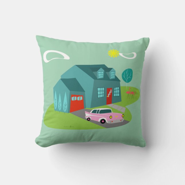 Retro Suburban House Throw Pillow (Front)