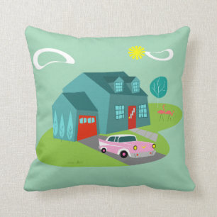 Retro Suburban House Throw Pillow