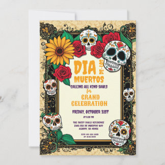 Retro Sugar Skulls Día de los Muertos Celebration  Invitation