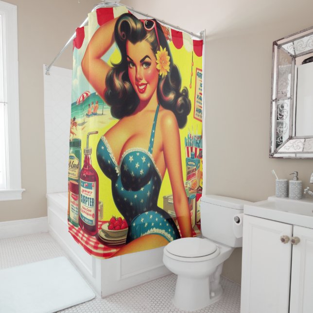 Retro Summer Beach Pin Up Shower Curtain (In Situ)