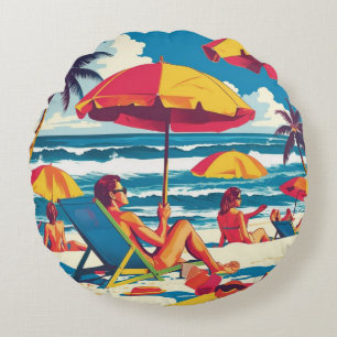 Retro Summer Beach Scene Throw Pillow