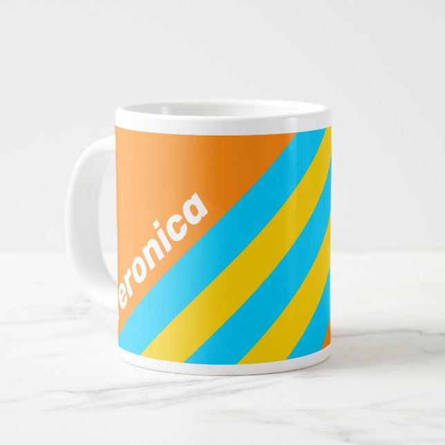 Retro Summer Beach Stripes with Name Large Coffee Mug (Front Left)