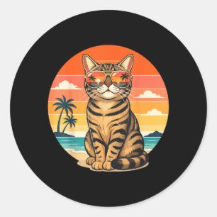 Retro Summer Cat Beach Sunset Vintage Vacation 1 Classic Round Sticker