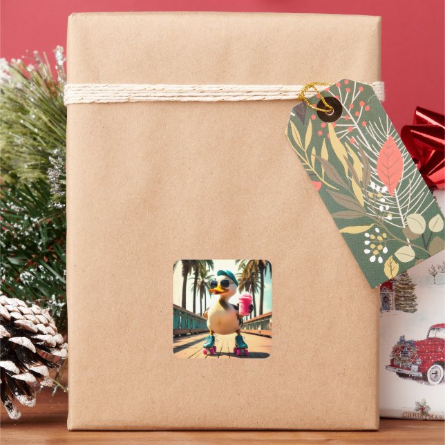 Retro Summer Funny Roller Duck Square Sticker (Holiday)