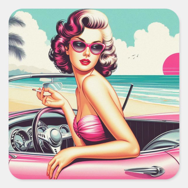 Retro Summer Girl Square Sticker (Front)