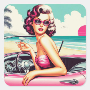 Retro Summer Girl Square Sticker