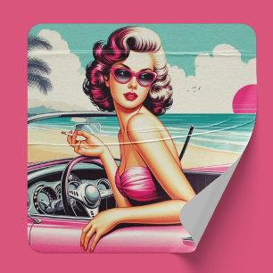 Retro Summer Girl Square Sticker