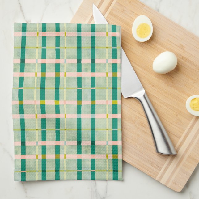 Retro Summer green & pink chequered  Tea Towel (Quarter Fold)