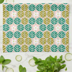 Retro Summer green & pink floral striped Tea Towel