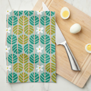 Retro Summer green & pink floral striped Tea Towel