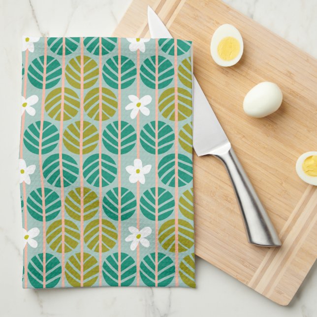 Retro Summer green & pink floral striped Tea Towel (Quarter Fold)