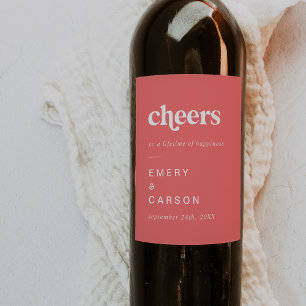 Retro Summer Hot Pink Cheers Wedding Wine Label
