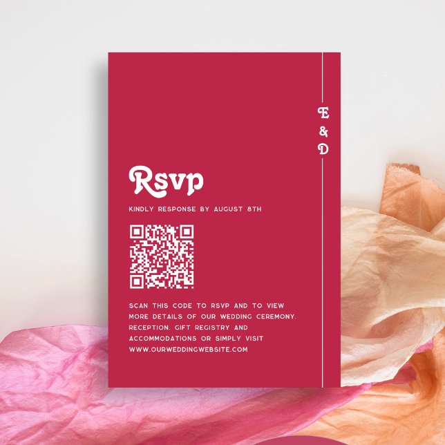 Retro Summer Hot Pink Monogram Wedding QR Code RSVP Card (Creator Uploaded)