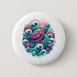 Retro Summer Ocean Wave Turtle 6 Cm Round Badge