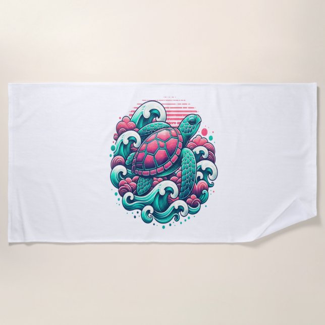Retro Summer Ocean Wave Turtle Beach Towel (Front)