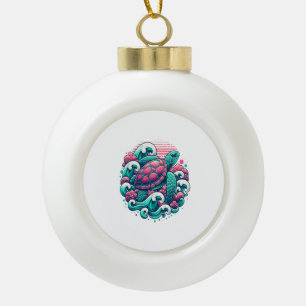 Retro Summer Ocean Wave Turtle Ceramic Ball Christmas Ornament